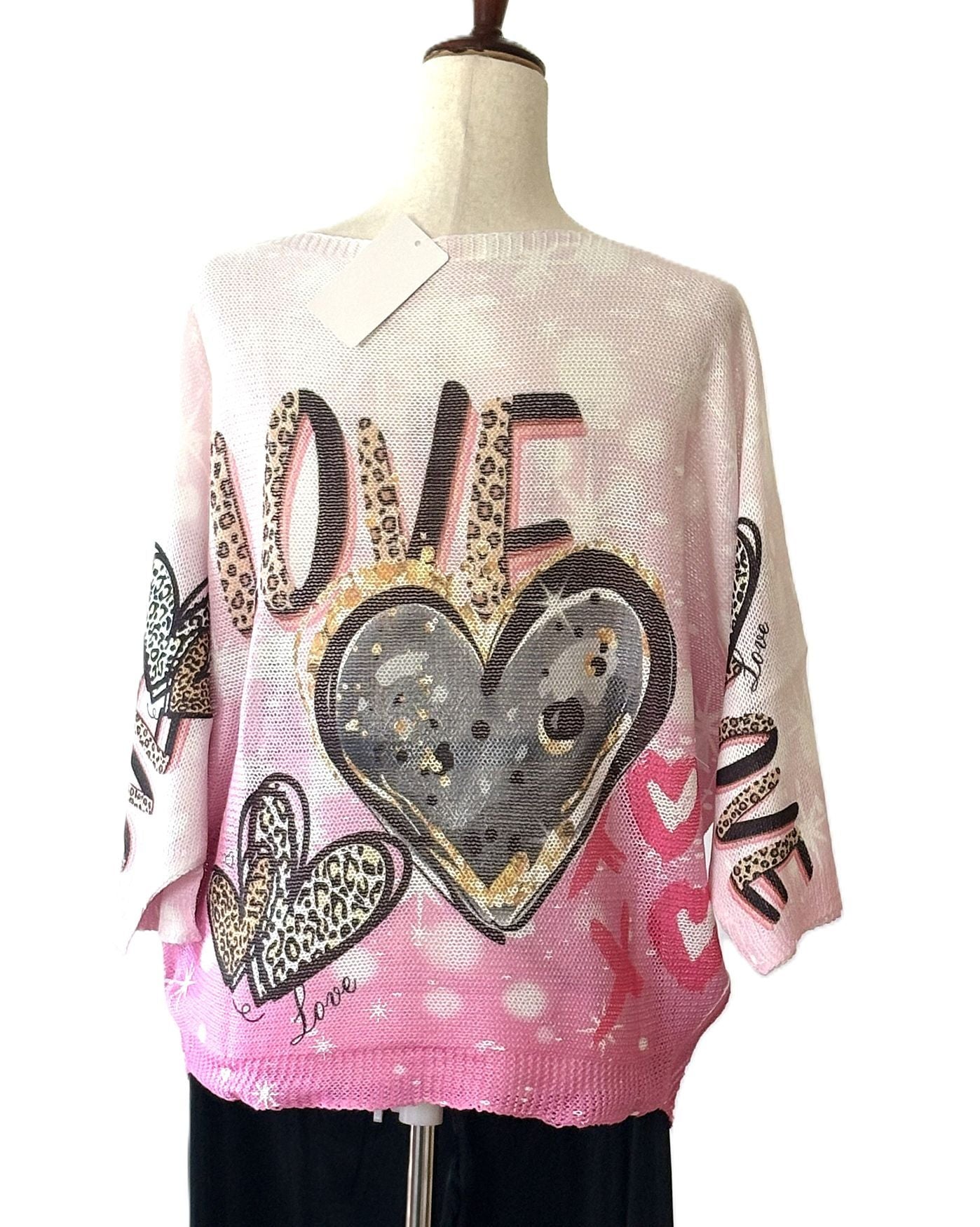 Italian Knit Sweater, Graffiti Art Love Sweater (Pink)