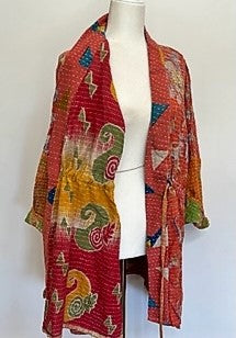 Kantha Bae Open Embroidered Jacket Fully Reversible (Red/Green Mix)