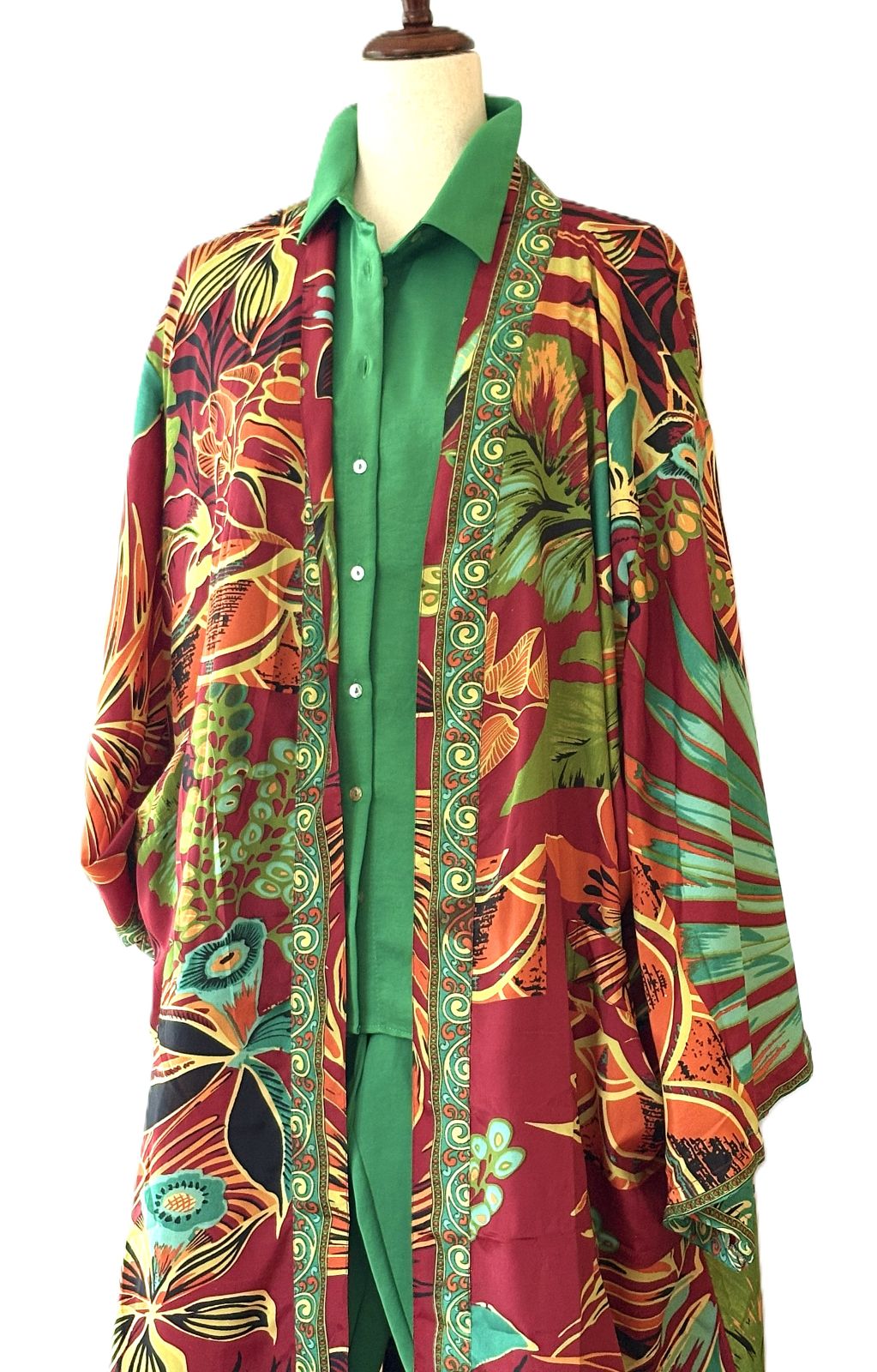 Long Silk Kimono Duster, Tropical Print, Bright And Versatile
