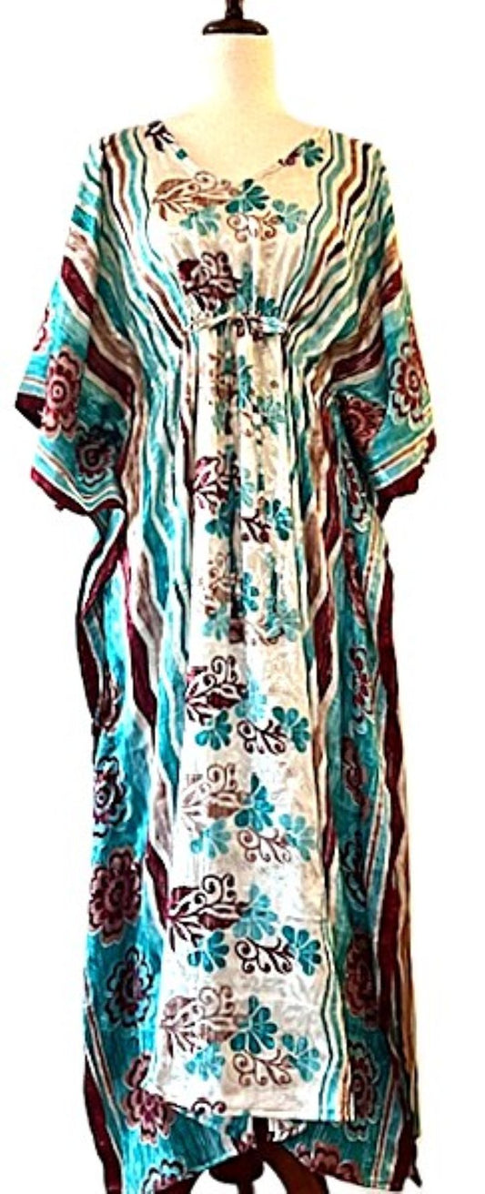 Handmade Silk Caftan: Long Floral And Stripe Float With A Drawstring Waist. Stunning
