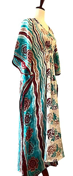 Handmade Silk Caftan: Long Floral And Stripe Float With A Drawstring Waist. Stunning
