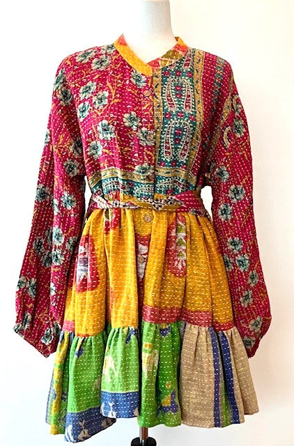 Luminous Mixed Print Mini Dress, Kantha Embroidered (Paisley)