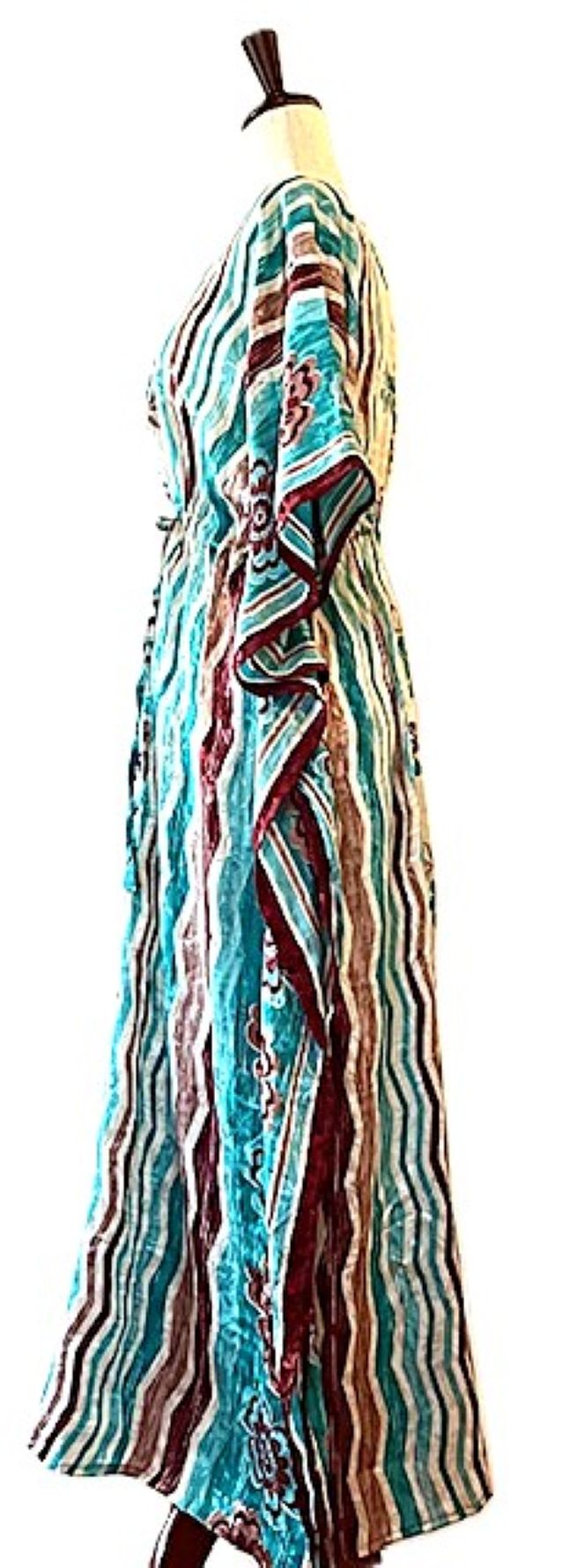Handmade Silk Caftan: Long Floral And Stripe Float With A Drawstring Waist. Stunning