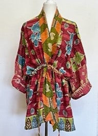 Gorgeous Open Kantha Embroidered Jacket Fully Reversible (Floral Green/Rose Mix)