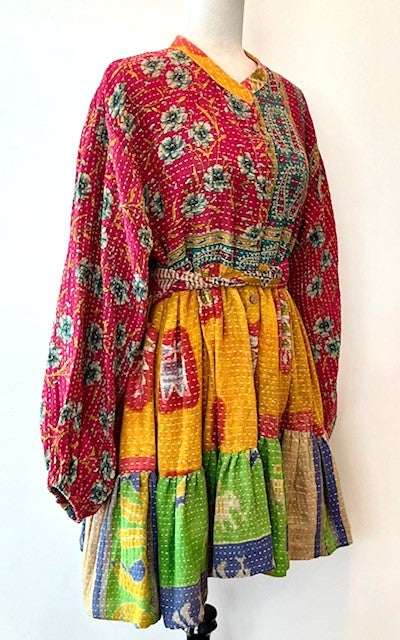 Luminous Mixed Print Mini Dress, Kantha Embroidered (Paisley)