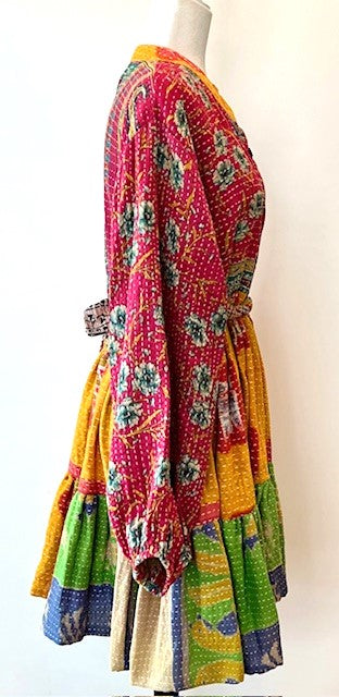 Luminous Mixed Print Mini Dress, Kantha Embroidered (Paisley)