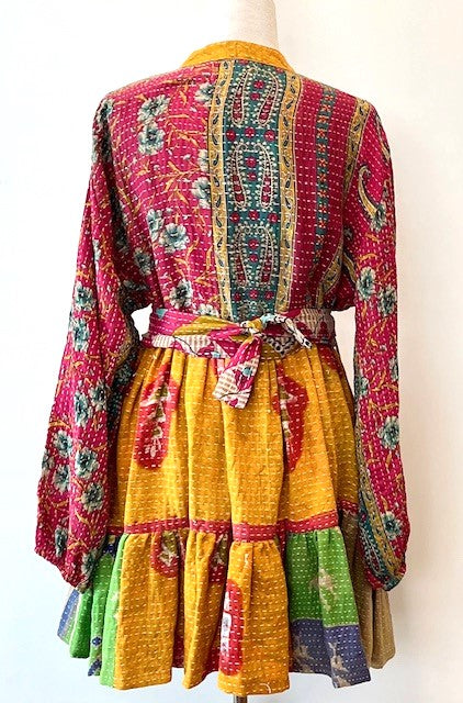 Luminous Mixed Print Mini Dress, Kantha Embroidered (Paisley)