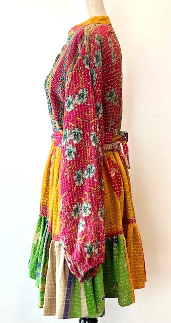 Luminous Mixed Print Mini Dress, Kantha Embroidered (Paisley)