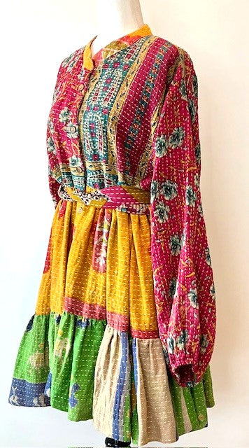 Luminous Mixed Print Mini Dress, Kantha Embroidered (Paisley)