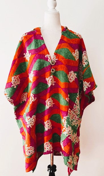 Kantha Bae Knee Length Poncho Coat (Pink with Green)