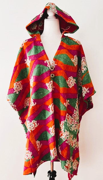 Kantha Bae Knee Length Poncho Coat (Pink with Green)