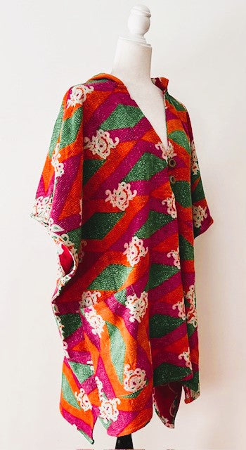 Kantha Bae Knee Length Poncho Coat (Pink with Green)