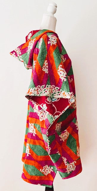 Kantha Bae Knee Length Poncho Coat (Pink with Green)