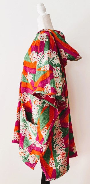 Kantha Bae Knee Length Poncho Coat (Pink with Green)