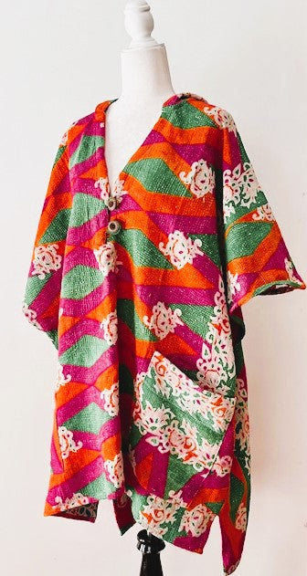 Kantha Bae Knee Length Poncho Coat (Pink with Green)