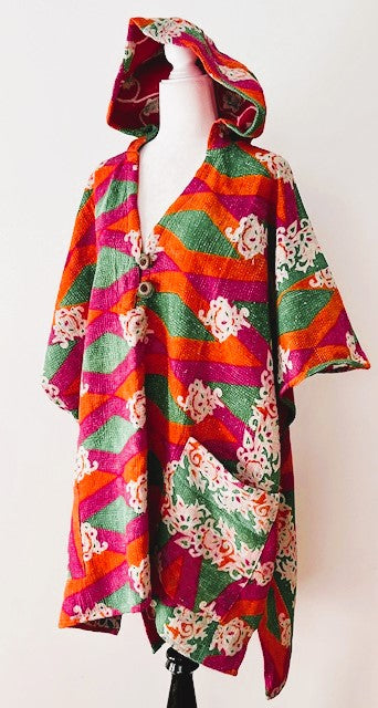 Kantha Bae Knee Length Poncho Coat (Pink with Green)