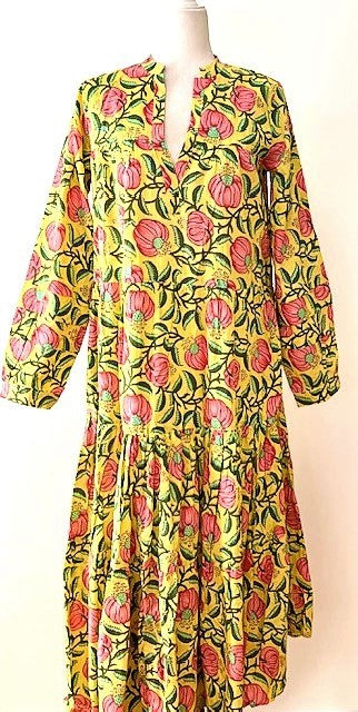 Midi Block Print Cotton Dress Is Appealing and Comfortable (Yellow)