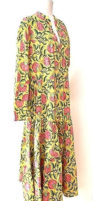 Midi Block Print Cotton Dress Is Appealing and Comfortable (Yellow)