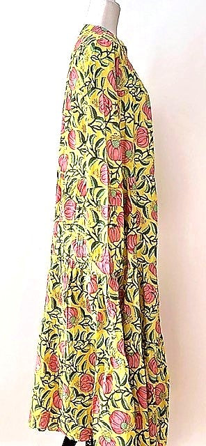 Midi Block Print Cotton Dress Is Appealing and Comfortable (Yellow)