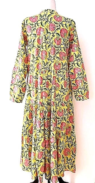 Midi Block Print Cotton Dress Is Appealing and Comfortable (Yellow)