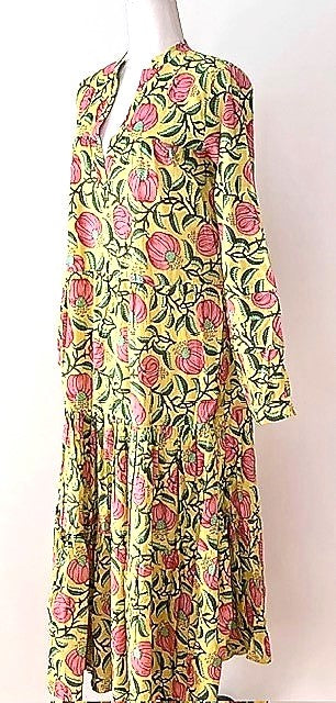 Midi Block Print Cotton Dress Is Appealing and Comfortable (Yellow)