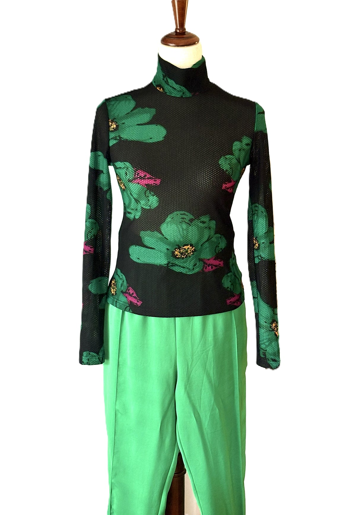 Tops: Floral-Print Mesh Long-Sleeve Top (Black)