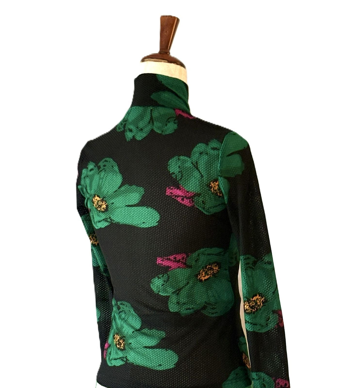 Tops: Floral-Print Mesh Long-Sleeve Top (Black)