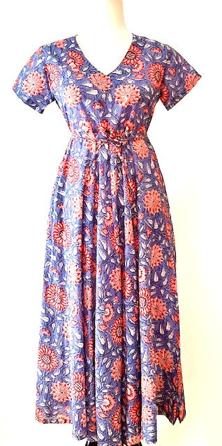 Midi Block Print Cotton Dress Has An Element of Elegance (Iris)