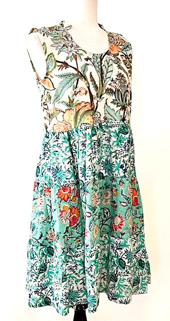 Easy Basic: Mixed Block Print Short Cotton Dress (Sleeveless)