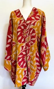 4 Button Short Kantha Cotton Tunic is Seasonless (Red)