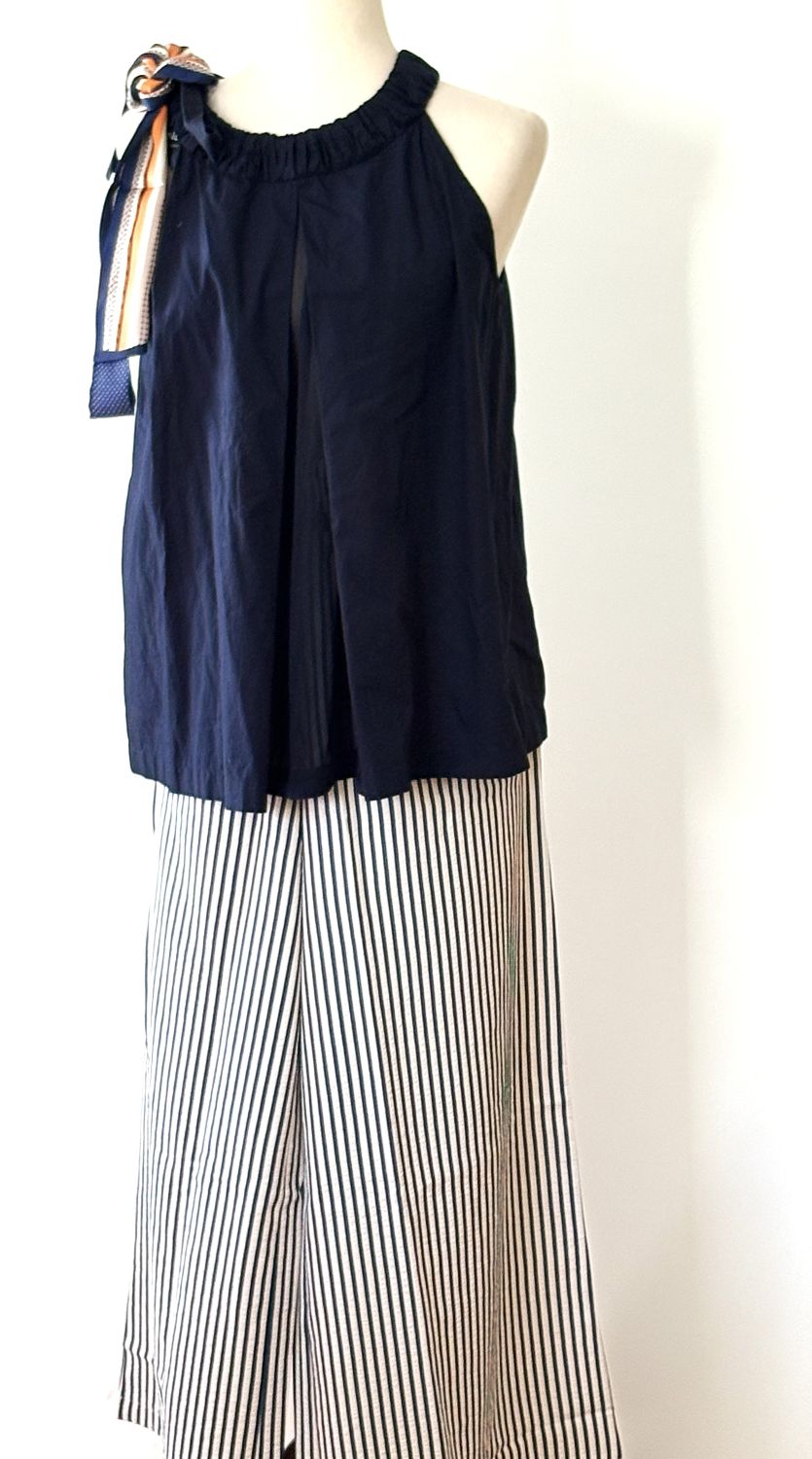 Pants. Relaxed Fit Casual Striped Wide-Leg (Navy or Black Stripe)