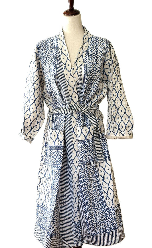 Quilted Cotton Kimono Duster, Blockprinted Handmade Is Unusual (Blue White)