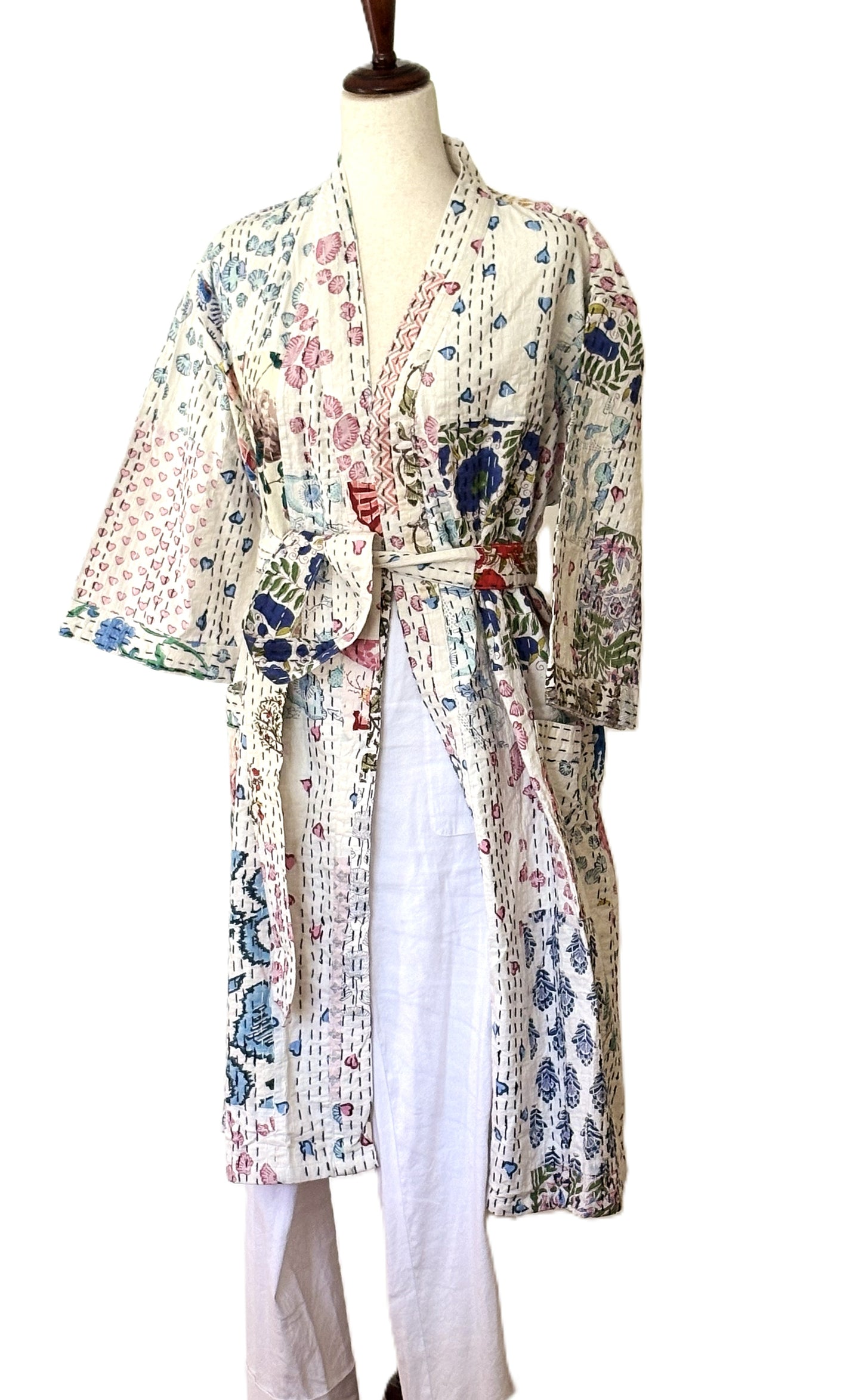 Long Patchwork Cotton Kimono With Kantha Embroidery. (White Multicolor)
