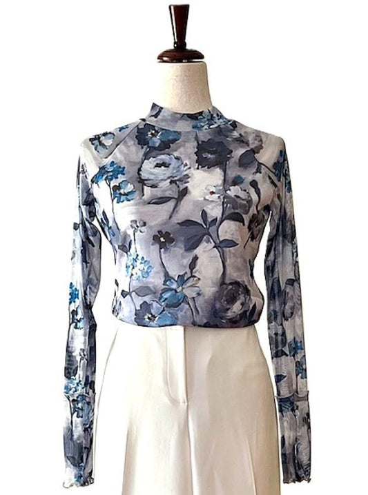 Tops: Floral-Print Lace Long-Sleeve Mock-Neck Shirt (Blue Floral)