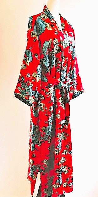 Luxury Print Silk Print Kimono Duster Is Seductive (Red and Aqua)