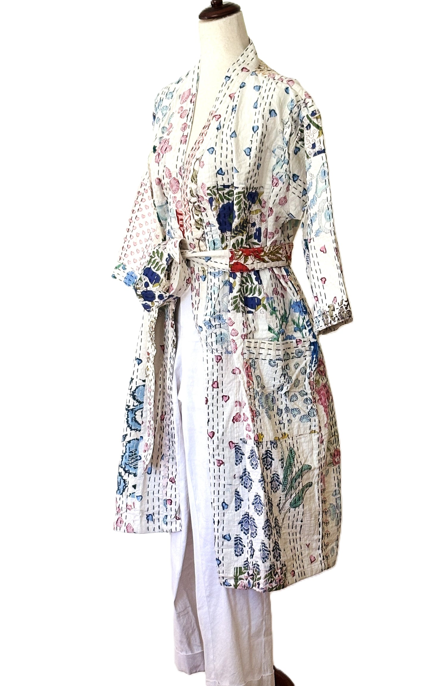 Long Patchwork Cotton Kimono With Kantha Embroidery. (White Multicolor)