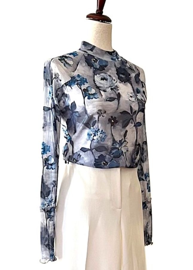 Tops: Floral-Print Lace Long-Sleeve Mock-Neck Shirt (Blue Floral)