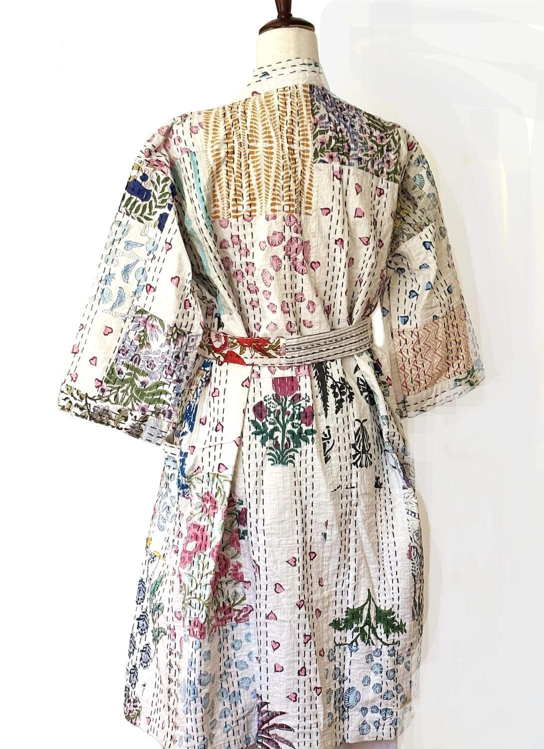 Long Patchwork Cotton Kimono With Kantha Embroidery. (White Multicolor)