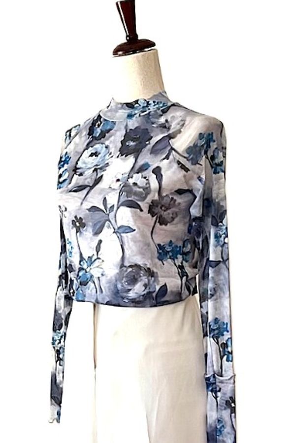 Tops: Floral-Print Lace Long-Sleeve Mock-Neck Shirt (Blue Floral)