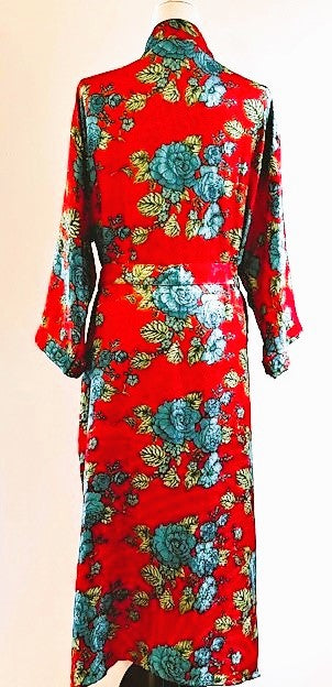 Luxury Print Silk Print Kimono Duster Is Seductive (Red and Aqua)