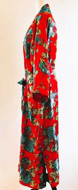 Luxury Print Silk Print Kimono Duster Is Seductive (Red and Aqua)