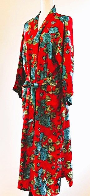 Luxury Print Silk Print Kimono Duster Is Seductive (Red and Aqua)