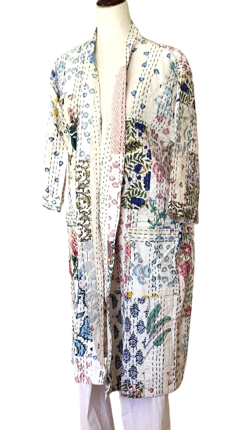 Long Patchwork Cotton Kimono With Kantha Embroidery. (White Multicolor)