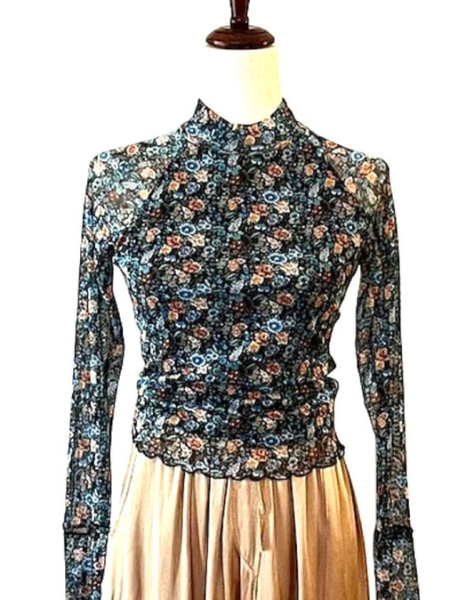 Tops: Floral-Print Lace Long-Sleeve Mock-Neck Shirt (Black Floral)