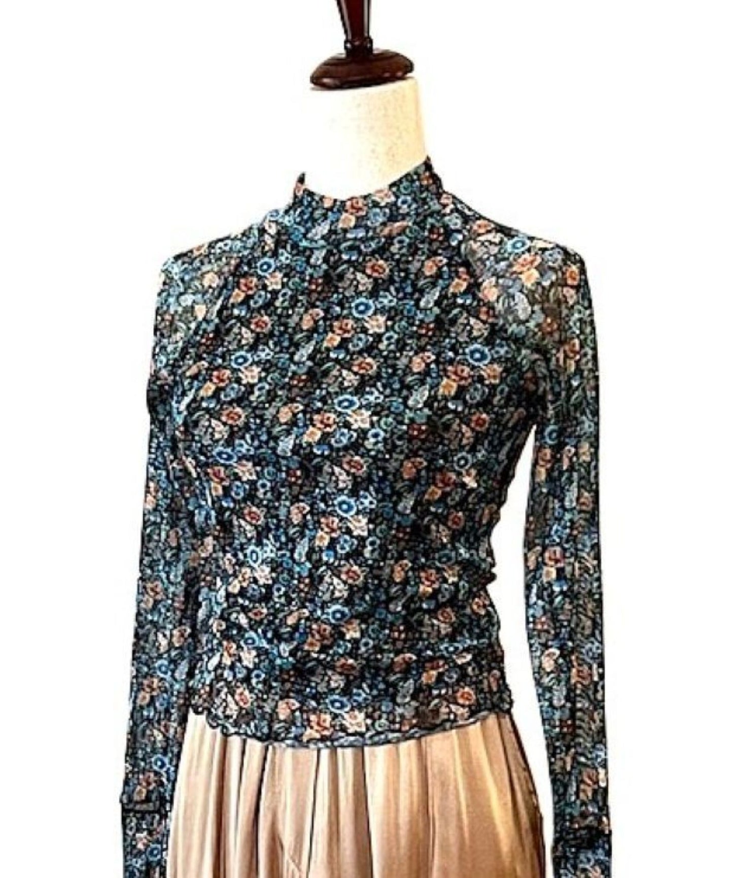 Tops: Floral-Print Lace Long-Sleeve Mock-Neck Shirt (Black Floral)