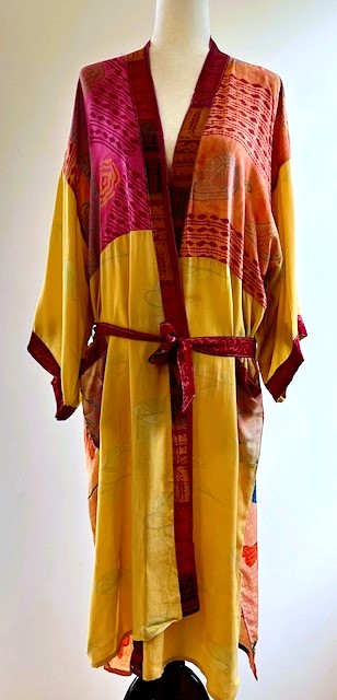 Luxury Silk Kimono Duster Dress:  Dramatic Mixed Print (Gold and Pink)