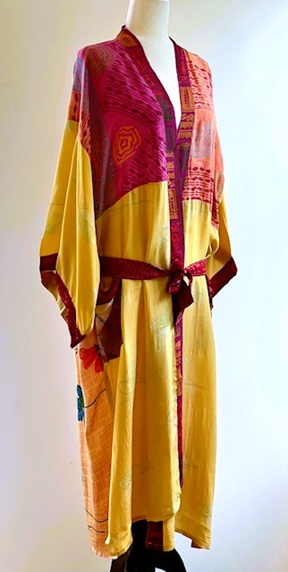 Luxury Silk Kimono Duster Dress:  Dramatic Mixed Print (Gold and Pink)