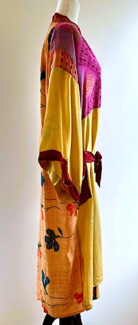 Luxury Silk Kimono Duster Dress:  Dramatic Mixed Print (Gold and Pink)