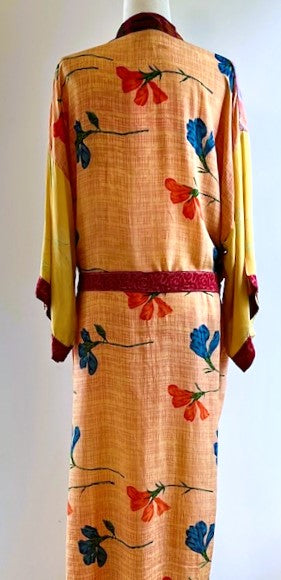 Luxury Silk Kimono Duster Dress:  Dramatic Mixed Print (Gold and Pink)