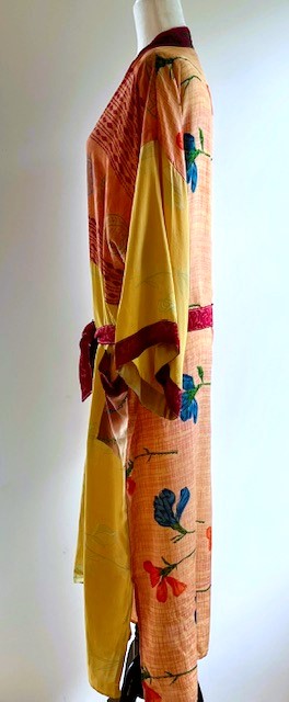 Luxury Silk Kimono Duster Dress:  Dramatic Mixed Print (Gold and Pink)